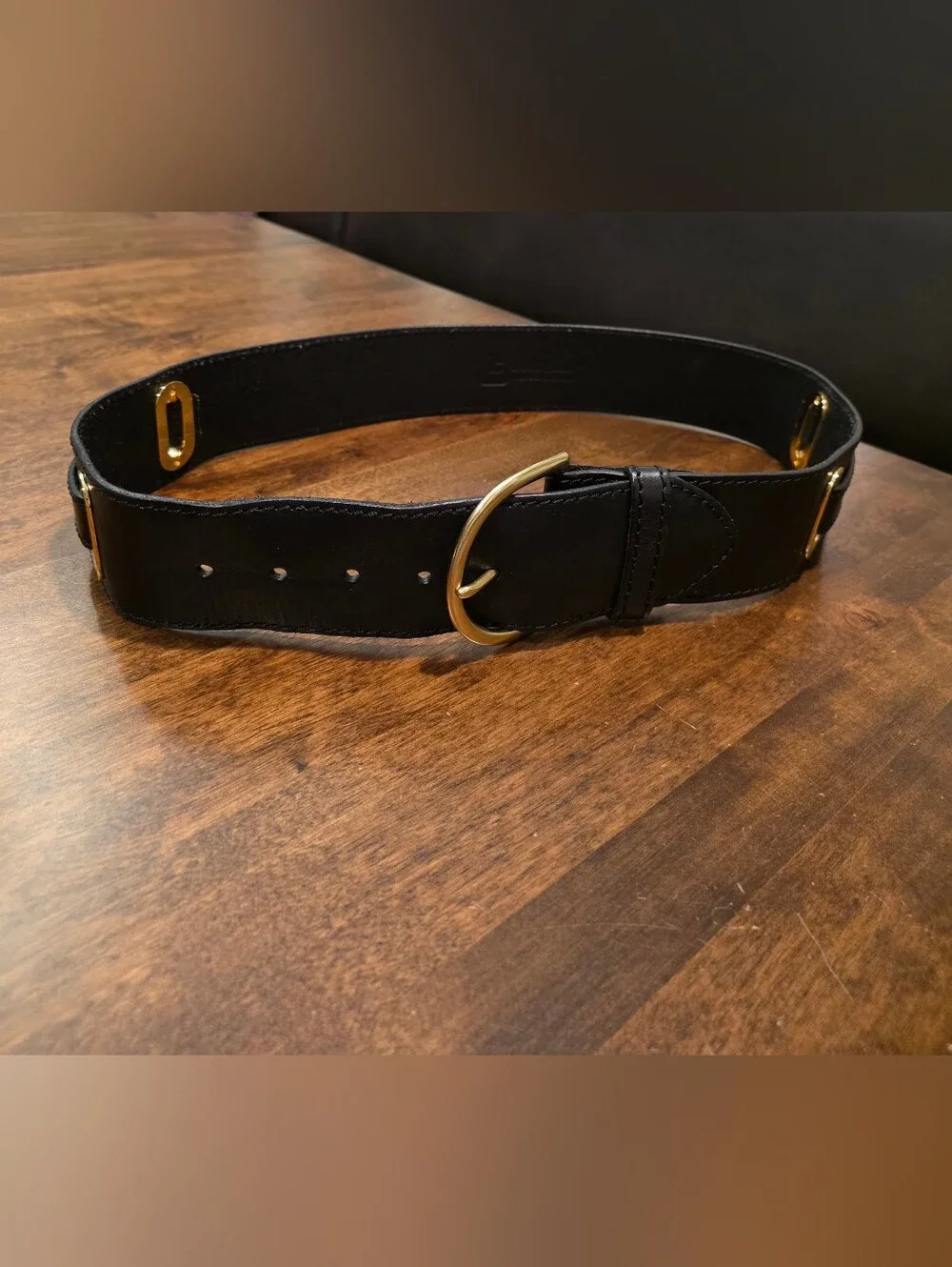 Vintage Linea Pelle Black Leather Belt Gold Hardware
